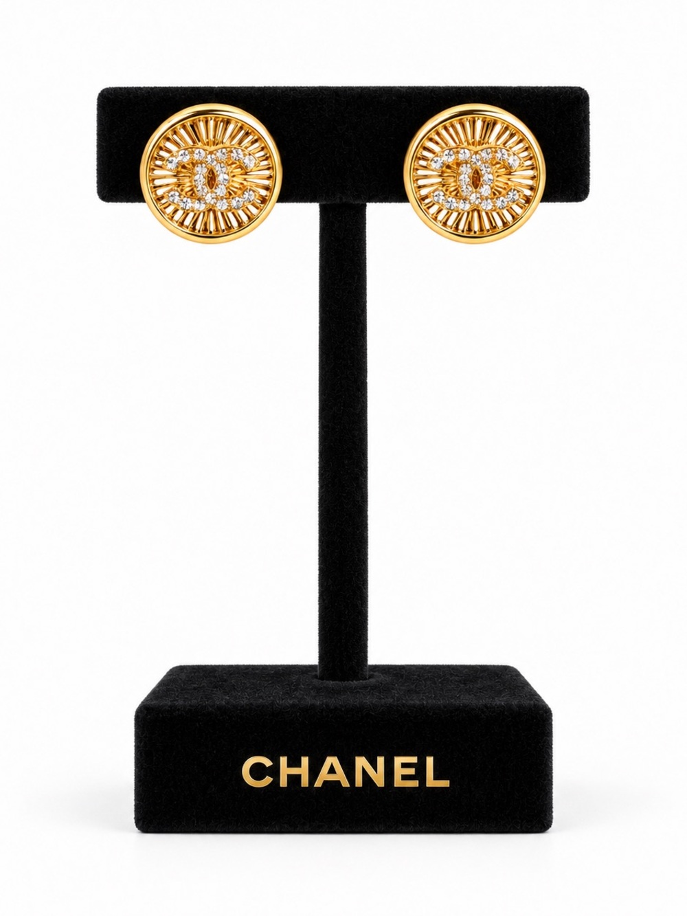 CHANEL Gold Round Radiant CC Crystal Stud Earrings